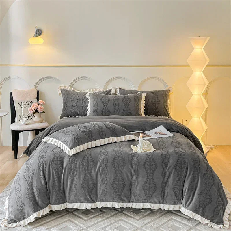 Decobites Milk Velvet Carving Bedding Set - Single to King Size Luxe Bed Linens