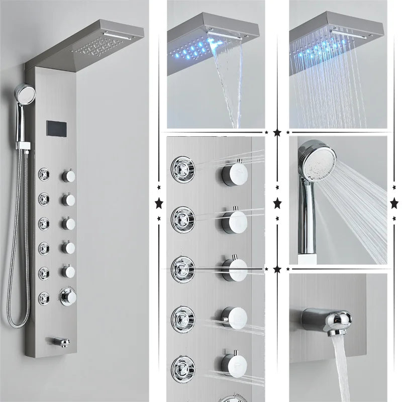 DecorBites™ LED Rainfall Shower Panel System with Temperature Screen & Massage SPA