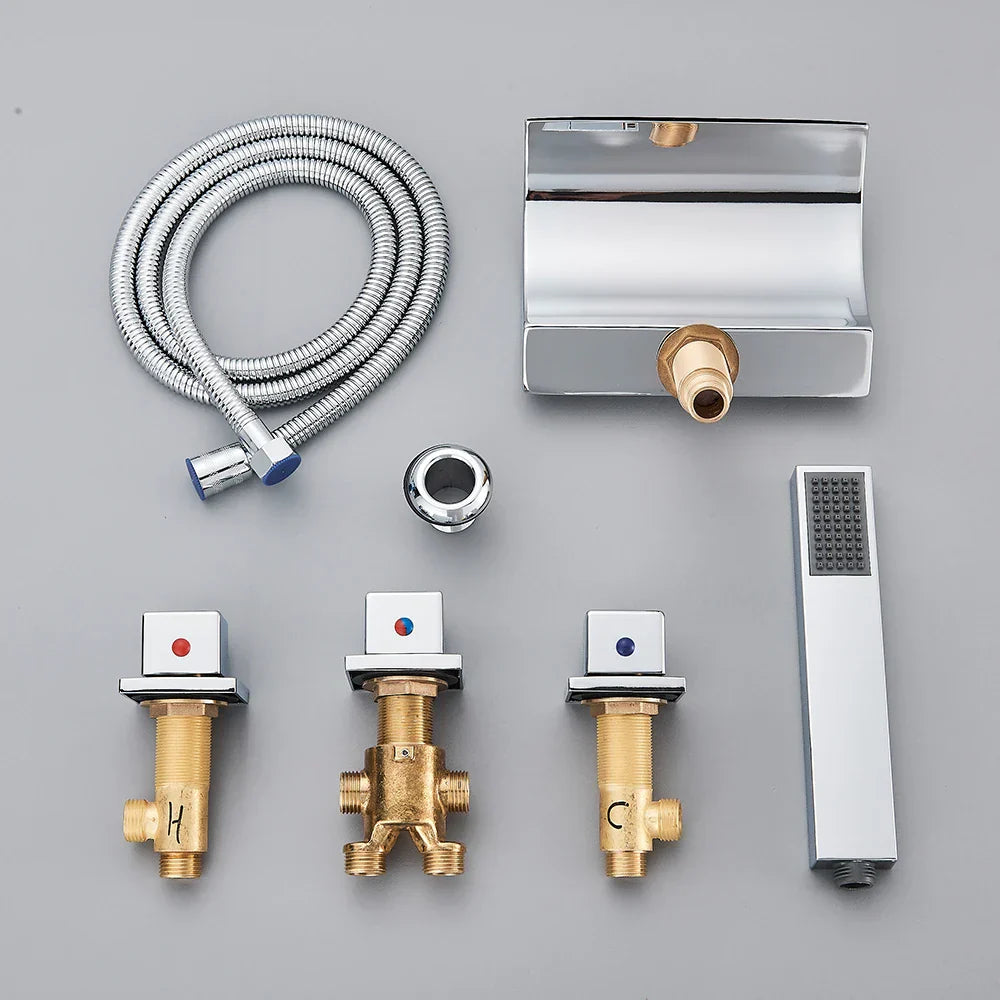 DecorBites™ Black Brass Waterfall Tub Faucet Three Handles Hot Cold Mixer