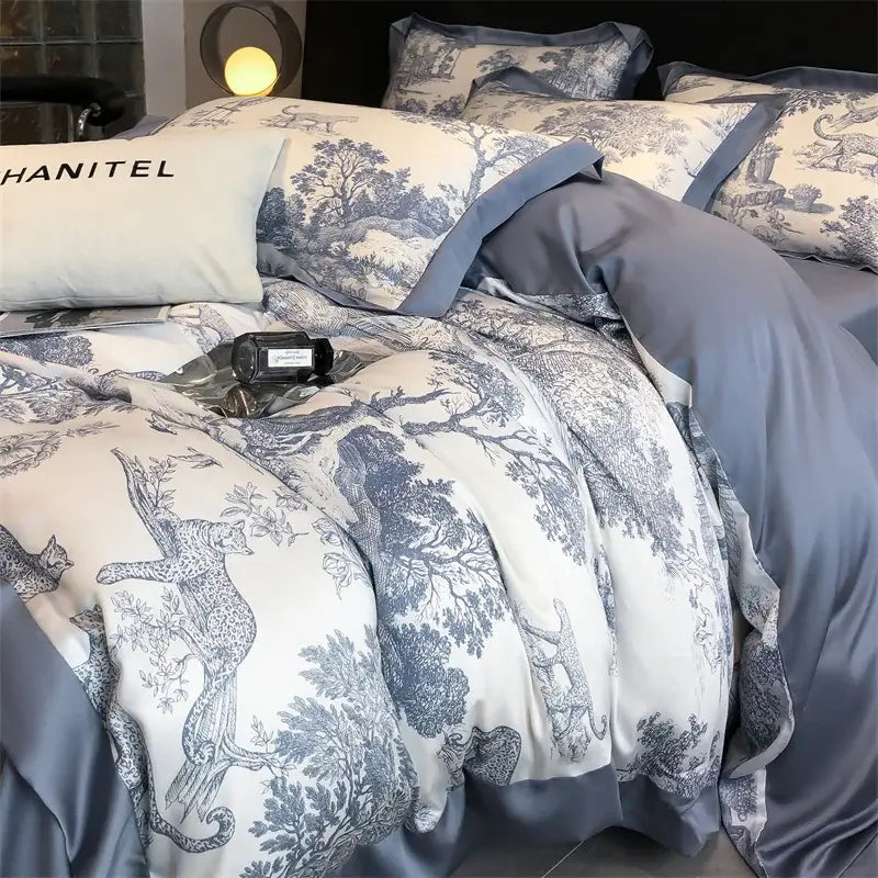 a sleek silver zipper on a eucalyptus fiber duvet cover with white fabric track set against sage green bedding