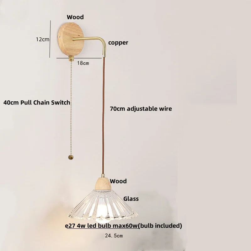 DecorBites™ Clear Glass LED Wall Lights with Wood Pull Chain Switch, Modern Art Bedside Lamp