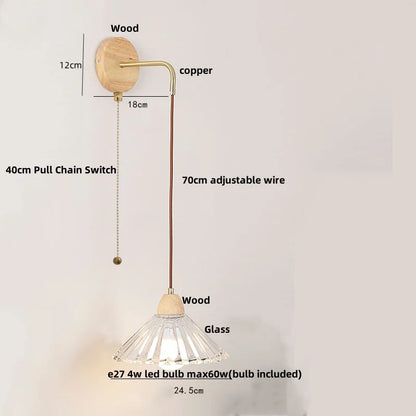 DecorBites™ Clear Glass LED Wall Lights with Wood Pull Chain Switch - Modern Copper Stair Light
