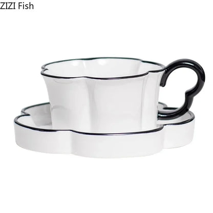 DecorBites™ Black Edged Flower Mug Set - Ceramic Cup & Saucer for Tea, Coffee, and Juice
