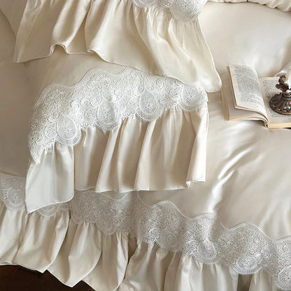 Decobites French Lace Ruffle Princess Wedding Bedding Set with Brushed Duvet Cover & 2 Pillowcases