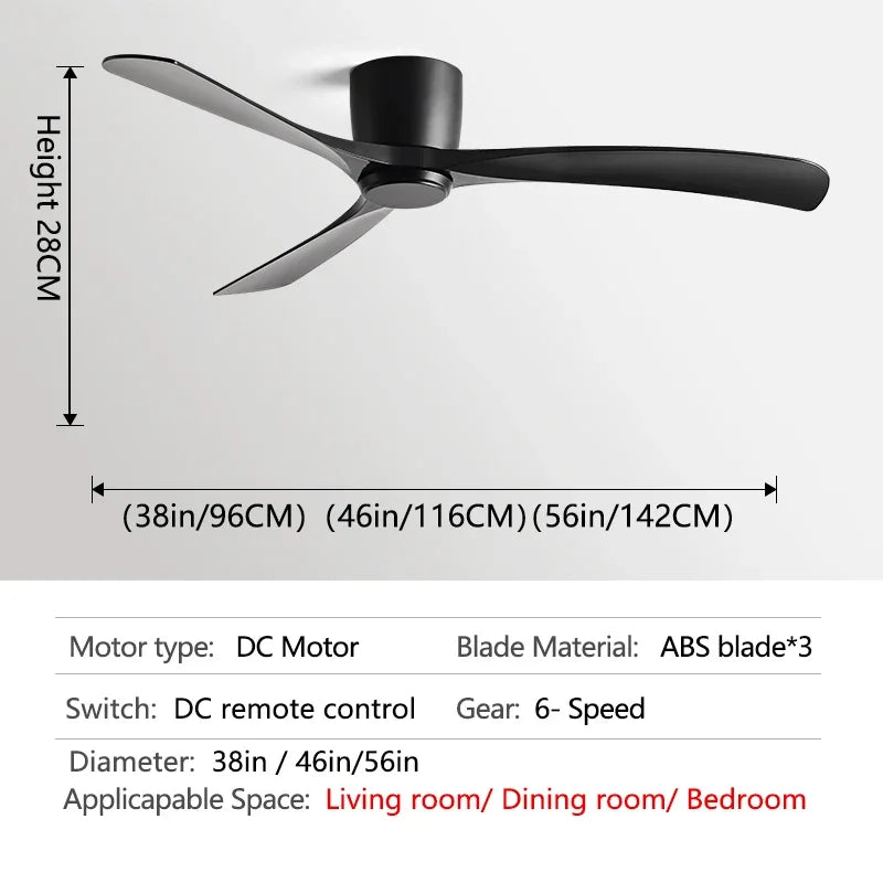 مروحة سقف ديكوربايتس™ سوداء حديثة منخفضة الارتفاع تعمل بالتيار المستمر مع جهاز تحكم عن بعد، تدفق هواء قوي