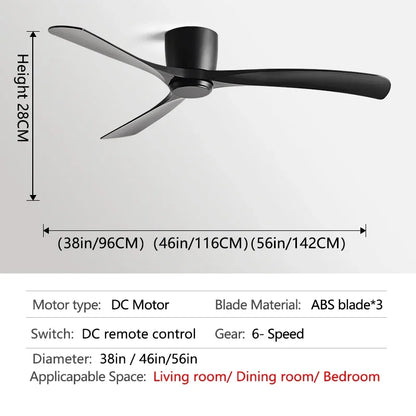 مروحة سقف ديكوربايتس™ سوداء حديثة منخفضة الارتفاع تعمل بالتيار المستمر مع جهاز تحكم عن بعد، تدفق هواء قوي