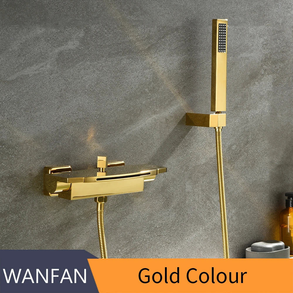 Grifo de bañera montado en la pared de latón dorado Decorbites™ con kit de ducha de mano