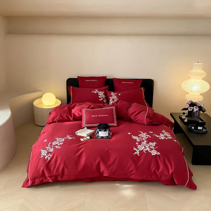 DecorBites™ Egyptian Cotton Flowers Embroidery Bedding Set in Black, Red, and Khaki
