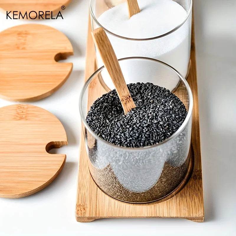 DecorBites™ Glass Spice Jar Set with Bamboo Lid - 2/3PCS Round Mouth Seasoning Organizer