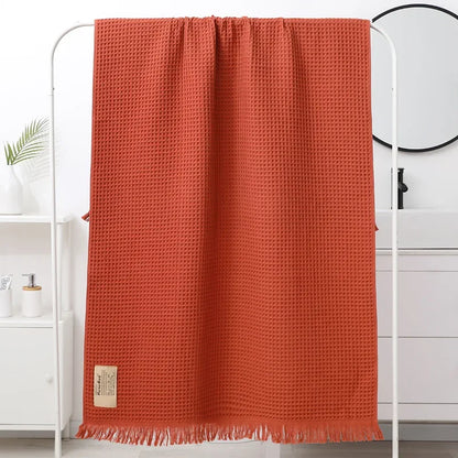 DecorBites™ Geometric Tassel Bath Towel - 100% Cotton, Quick-Dry, Multi-colored Waffle Design - 90x180cm