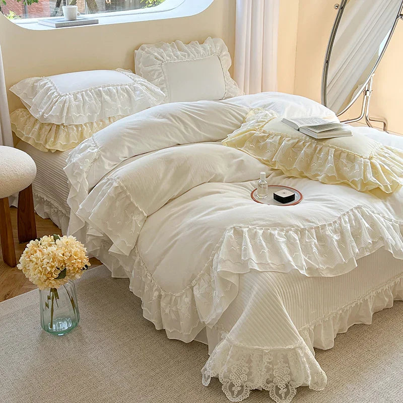 DecorBites™ Lace Ruffles Bedding Set in Pearl White Cream Yellow Princess Cotton