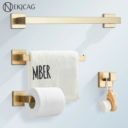 DecorBites™ Brushed Gold Bathroom Hardware Set Stainless Steel Towel Bar Robe Hook Toilet Paper Holder