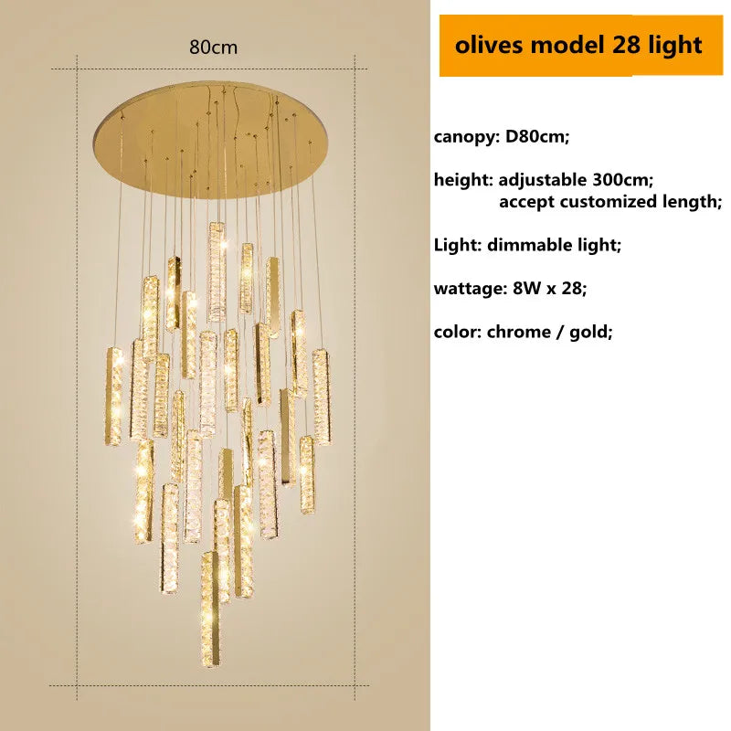 Luces de Lámpara Colgante de Cristal en Acero Cromo Dorado Decorbites™ con LED Regulable para Escalera de Villa