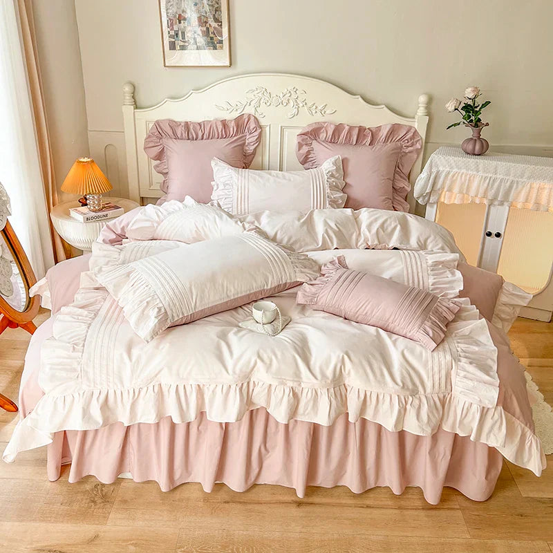 Decobites Pink Korean Princess Pleat Ruffles Cotton Bedding Set - 3/4Pcs