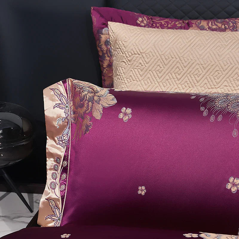 Decobites Luxe Purple European Jacquard Cotton Bedding Set: Duvet Cover, Sheet, Pillowcase