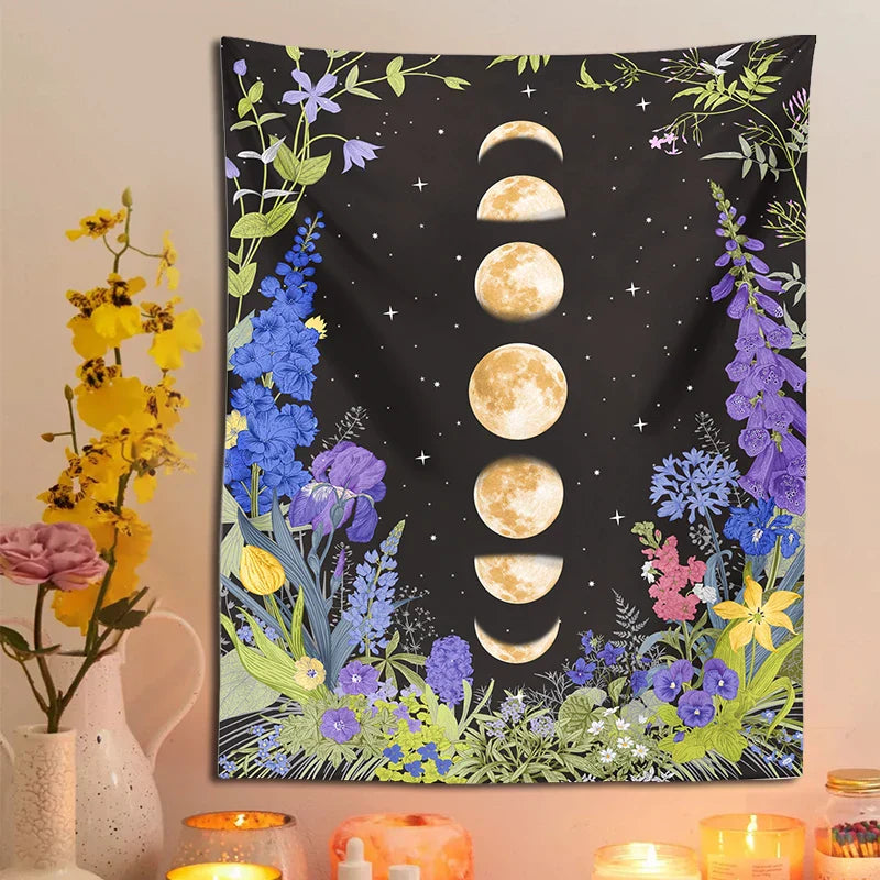 Decobites Moon Phase Purple Plant Star Floral Wall Tapestry