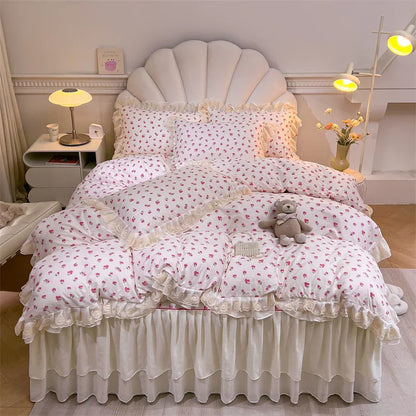 Decobites Princess Lace Ruffles Floral Bedding Set with Duvet Cover and Bed Skirt