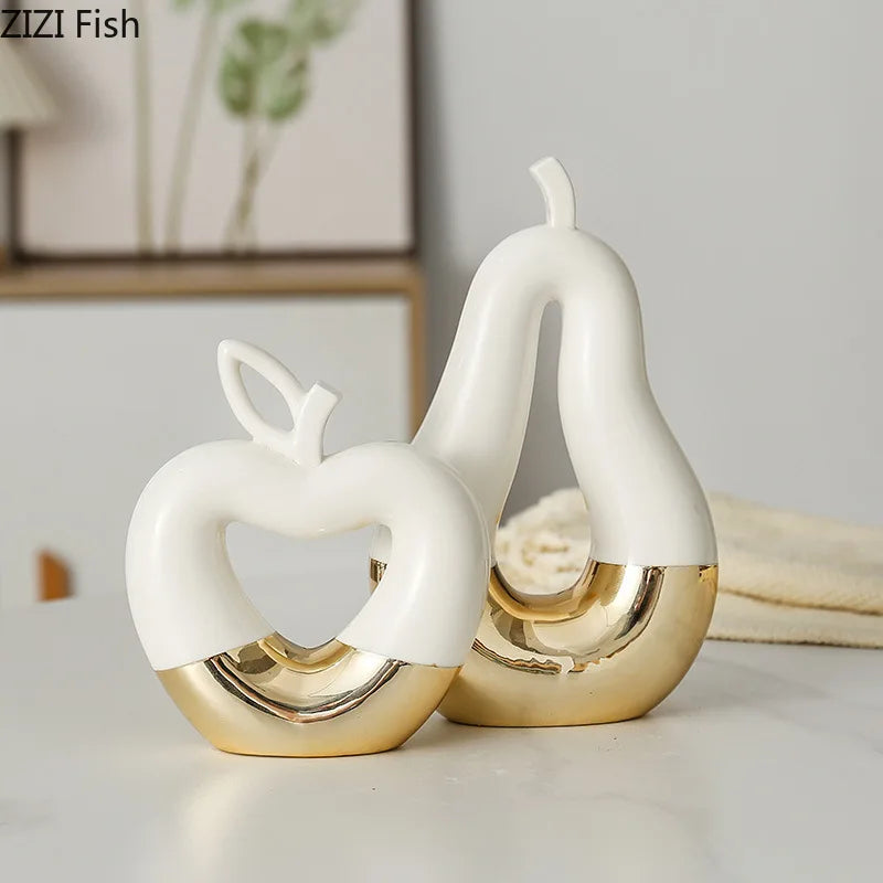 Estatua de Pera de Manzana de Oro Decorbites™ Ornamentos Cerámicos Decoración de Escritorio Escultura Artesanal Moderna