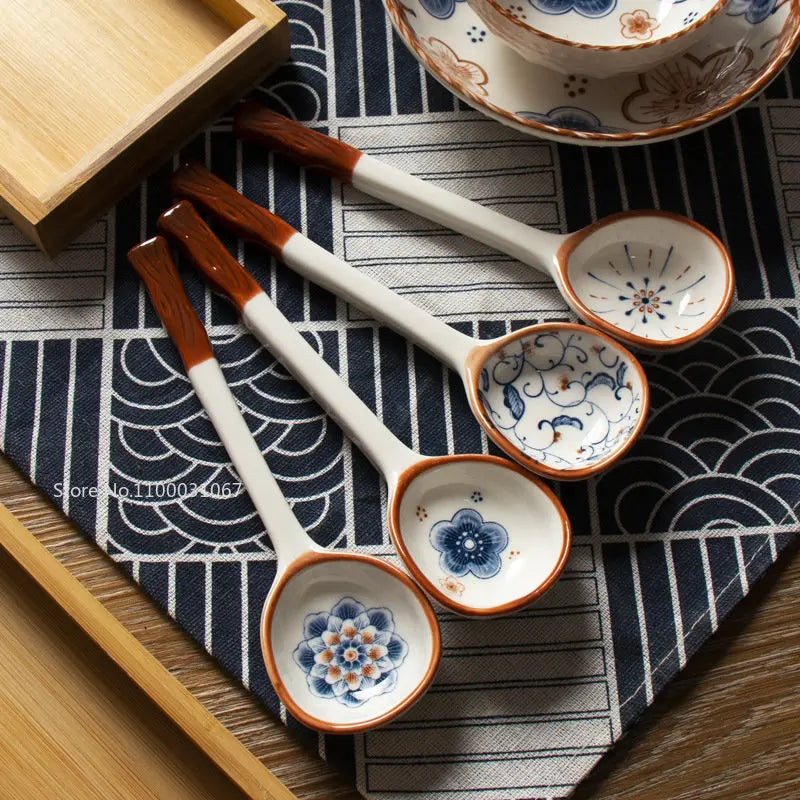 DecorBites™ Japanese Vine Ceramic Spoon Set - Ins Wind Hand-painted Long Handle Dessert Spoons