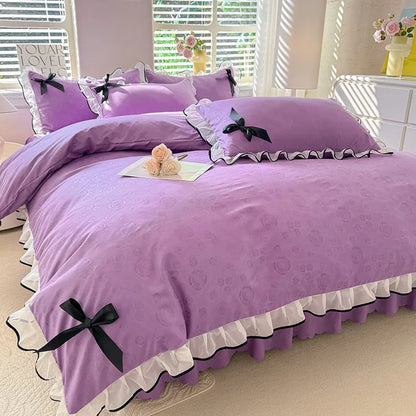 DecorBites™ Lace Bow Bed Skirt Bedding Set in Romantic Solid Color for King Queen Double Sizes
