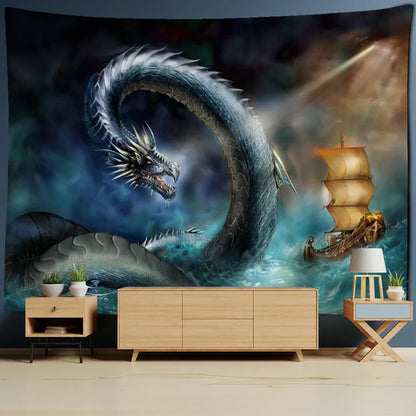 DecorBites™ Golden Dragon Totem Carving Tapestry: Mysterious Psychedelic Wall Hanging