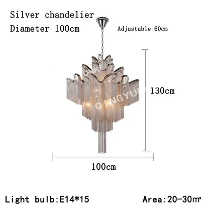 DecorBites™ Fringed Chandelier: Silver & Gold Aluminium Chain Pendant Light for Luxe Home & Hotel Decor