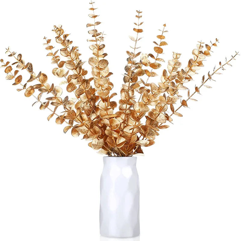 Decorbites™ Tallo de Hojas de Eucalipto Dorado x10 - Decoración Artificial de Boda Otoñal DIY