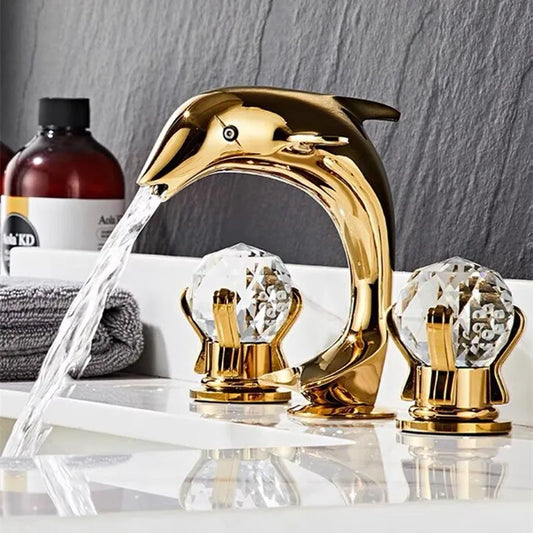 DecorBites™ Gold Basin Faucet: Brass Nickel Dolphin Bathroom Sink Faucet, 3 Hole Widespread