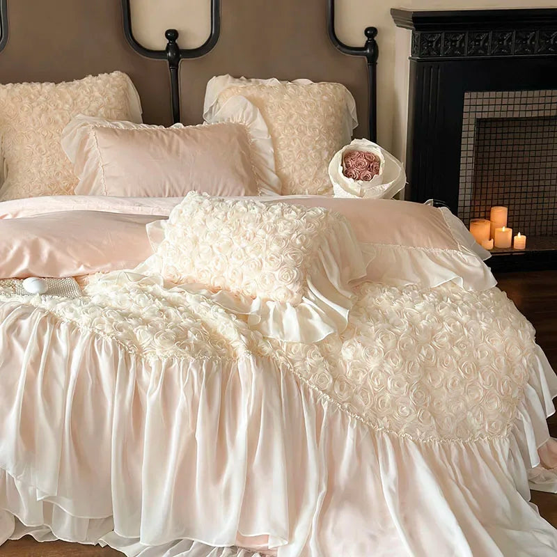 Decobites Rose Lace Bedding Set: Romantic Princess Wedding Duvet Cover Bed Sheet Pillowcases