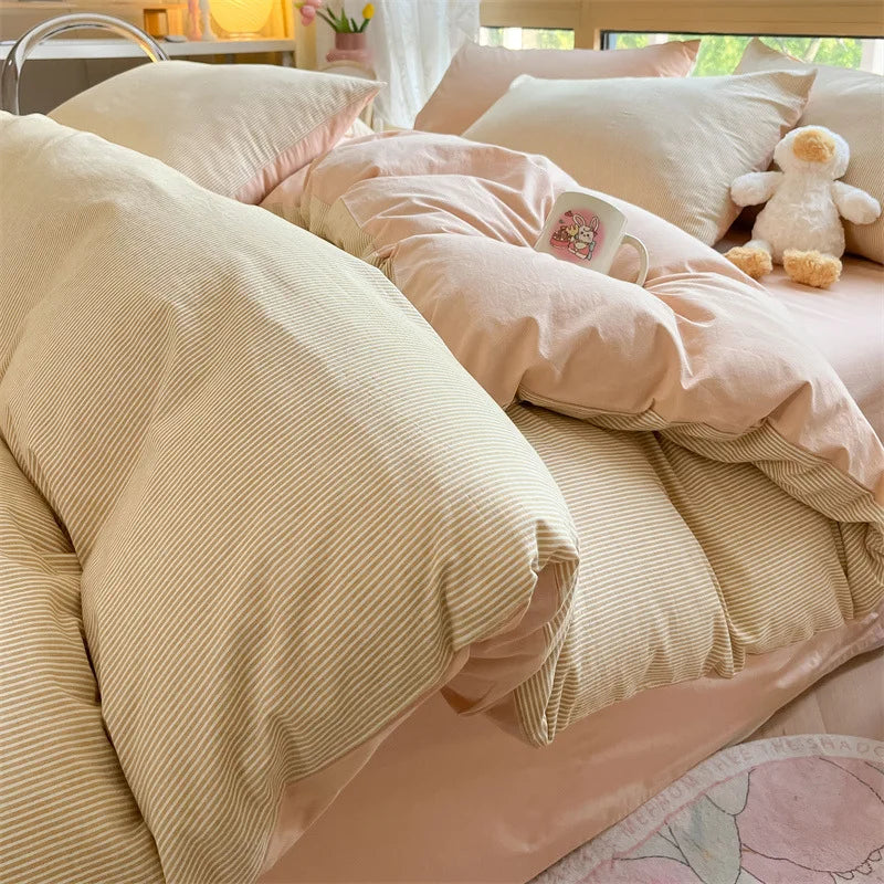 طقم أغطية سرير DecorBites™ قطني مخطط، غطاء لحاف مغسول ومصبوغ بخيوط، أغطية سرير فردية