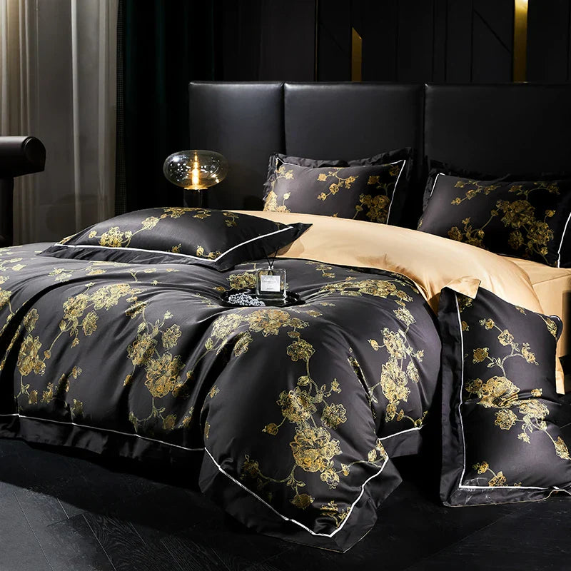 DecorBites™ Gold Flowers Luxury Egyptian Cotton Bedding Set with 1000TC Soft Duvet Cover, Sheets, Pillowcases