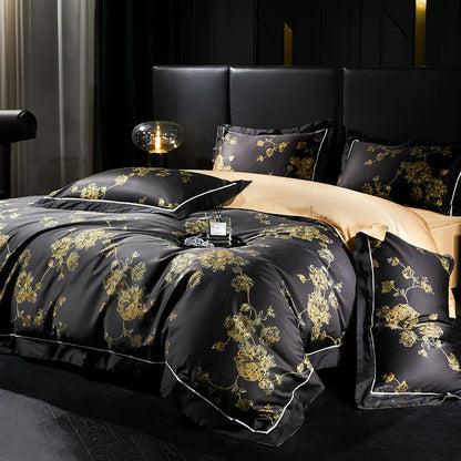 DecorBites™ Gold Flowers Luxury Egyptian Cotton Bedding Set with 1000TC Soft Duvet Cover, Sheets, Pillowcases