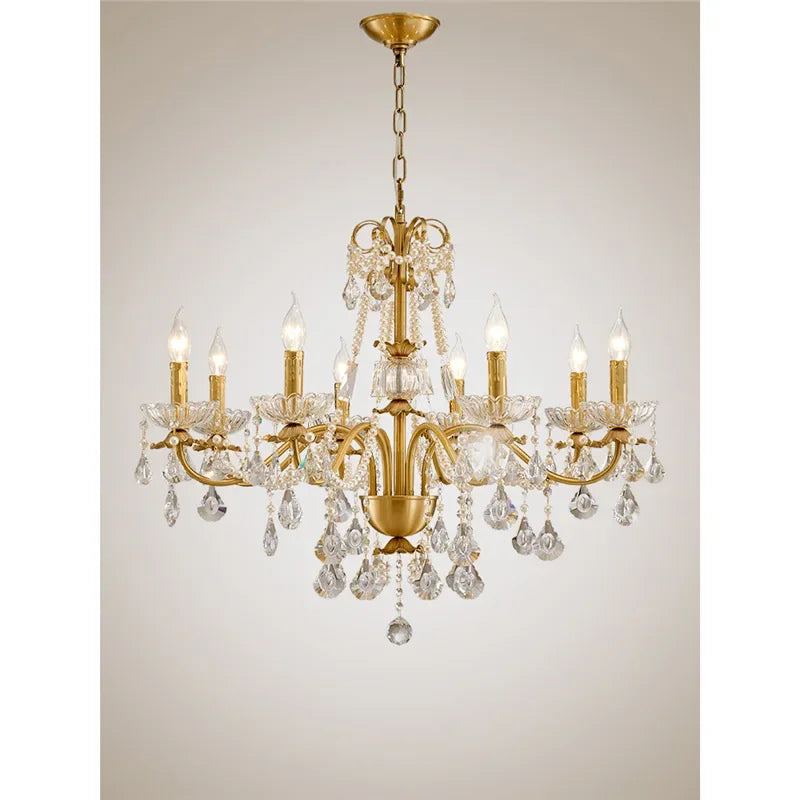 DecorBites™ Gold Brass Crystal Chandelier for Living Dining Bedroom, Retro Candle Lights Pendant Lamps