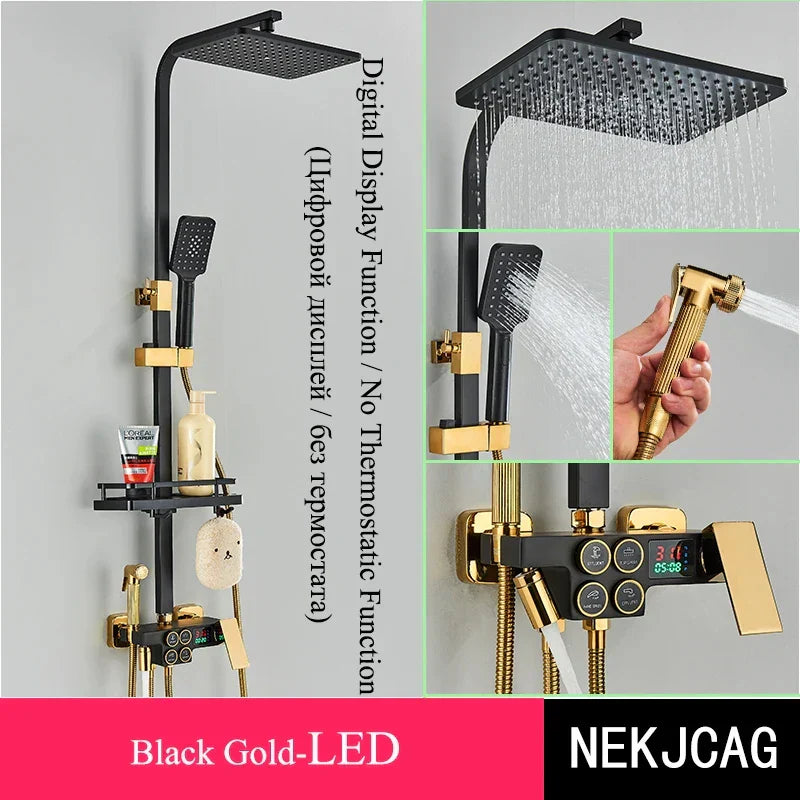 DecorBites™ Digital Display Thermostatic Shower Faucet Set, Rain Shower Column, Wall Mount - Black/Chrome