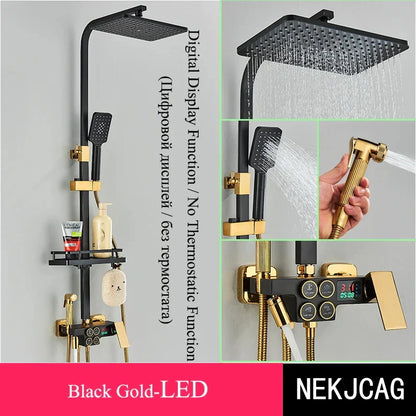 DecorBites™ Digital Display Thermostatic Shower Faucet Set, Rain Shower Column, Wall Mount - Black/Chrome