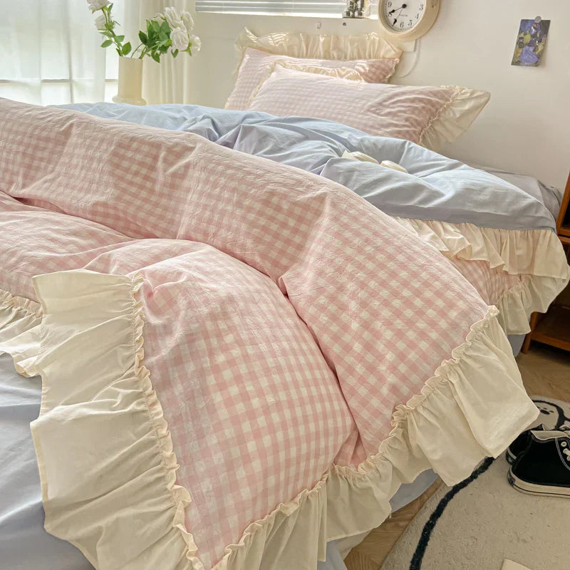 Decobites Korean Princess Style Cotton Bedding Set with Ruffles and Lace