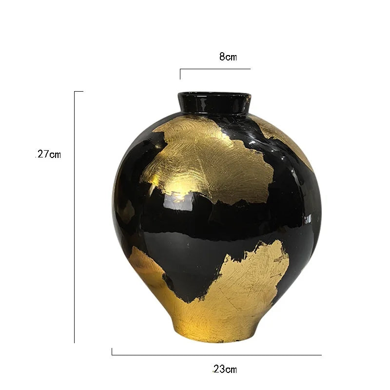 مزهرية خزفية من ديكوربايتس™ بنقشة ورق ذهبي - أصيص زهور مصنوع يدويًا لتزيين المنزل