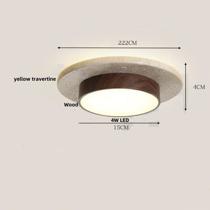 DecorBites™ Japan Style LED Ceiling Light Yellow Travertine Stone Wood Base Bedroom Luminaire.