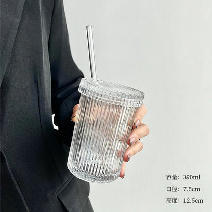 DecorBites™ Glass Straw Cup Set | Japanese Style Coffee Tea Milk Cup with Lid
