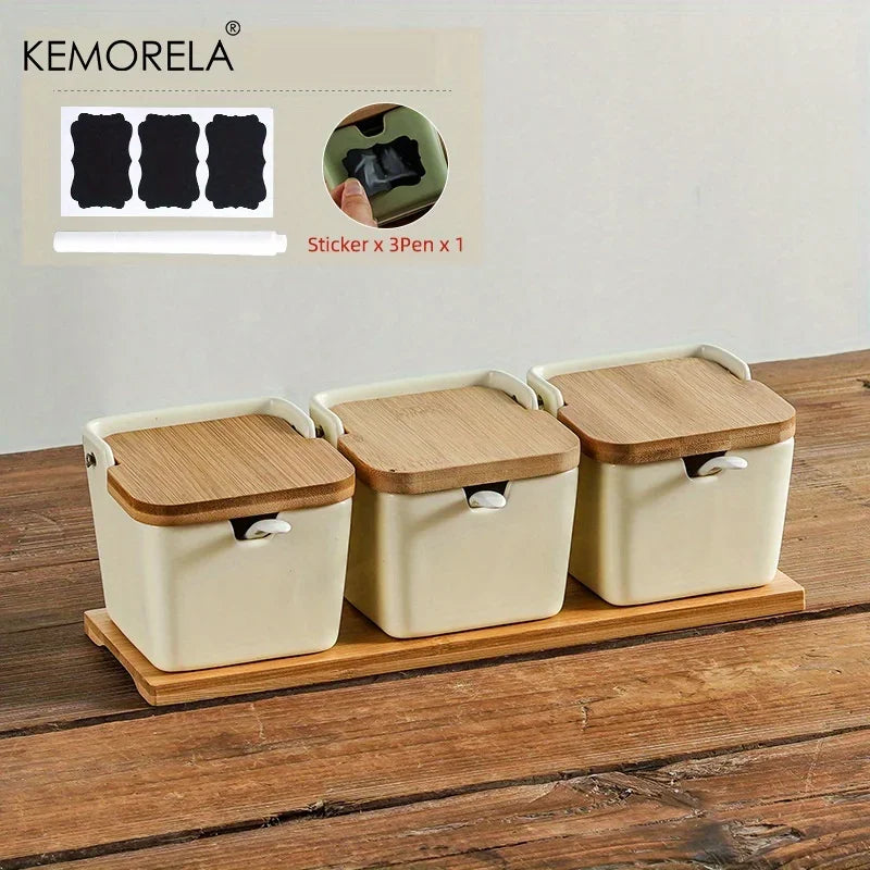 Conjunto de tarros de condimentos de cerámica retro japonesa Decorbites™ con bandeja - Organizador de cocina de 3 piezas