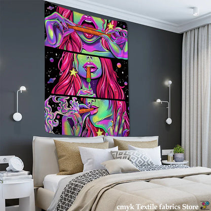 Tapiz de pared DecorBites™ Green Star Girl, decoración psicodélica para el hogar