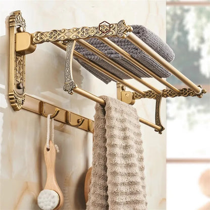 DecorBites™ Bronze Carved Bath Accessories Set: Shelf, Towel Rack, Paper Holder, Toilet Brush Holder