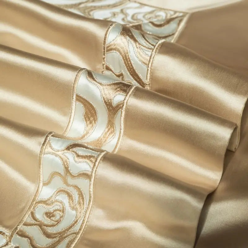 Decobites Satin Brocade Luxe Embroidery Bedding Set Champagne Cotton Duvet Cover Bed Sheet Pillowcases