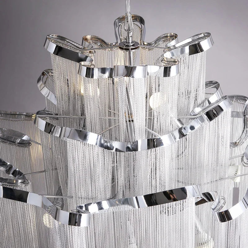 DecorBites™ Fringed Chandelier: Silver & Gold Aluminium Chain Pendant Light for Luxe Home & Hotel Decor