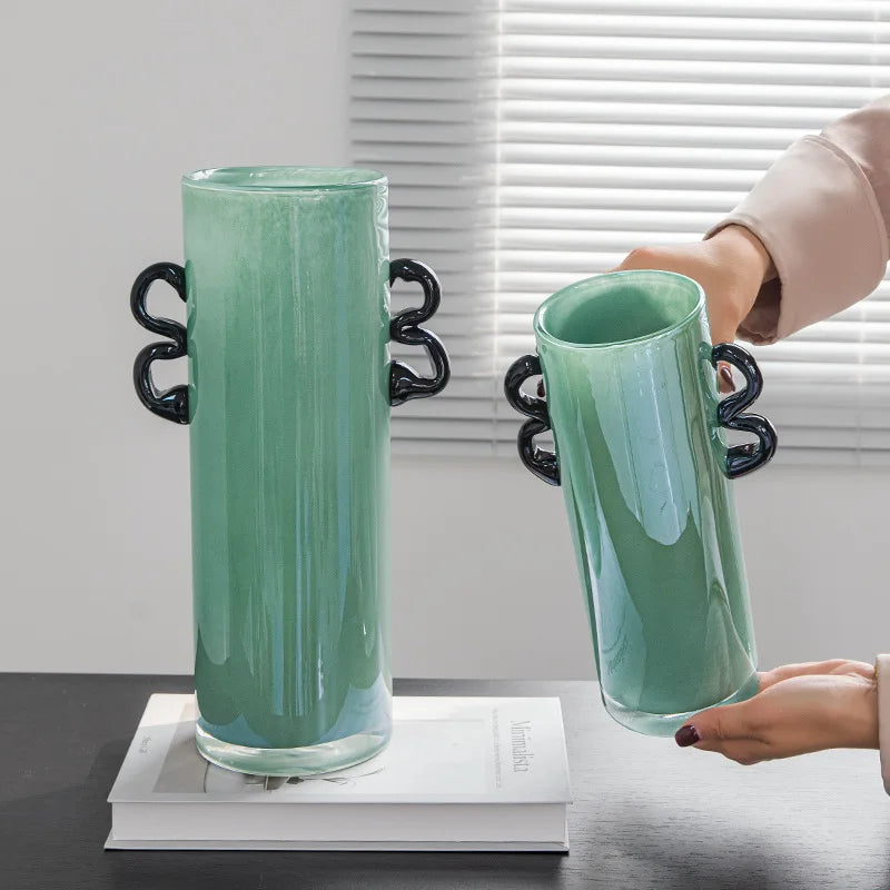 DecorBites™ Glass Vase: Double-eared Straight-tube Flower Arrangement Hydroponics Terrarium Home Decoration