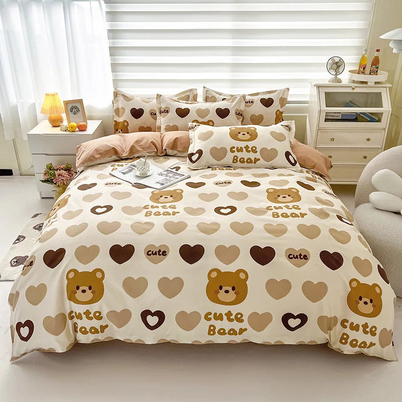 DecorBites™ Cartoon Printed Bedding Set: Soft Cozy Duvet Cover, Bedsheet, Pillowcase, Single Double Bedclothes