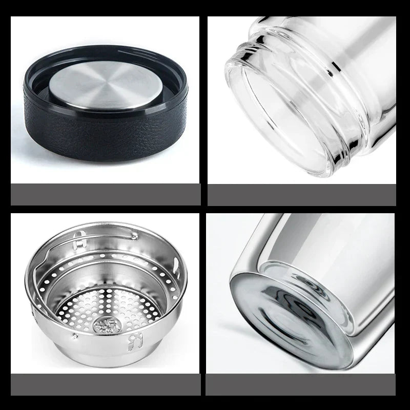 DecorBites™ Double-deck Glass Cups with Lid, Thermal Insulation, Anti-scald, Portable