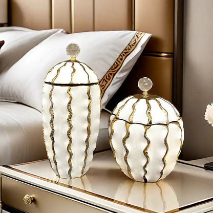 DecorBites™ Golden Checkmate Ceramic Pot Vase Wavy Gilt Storage Tank