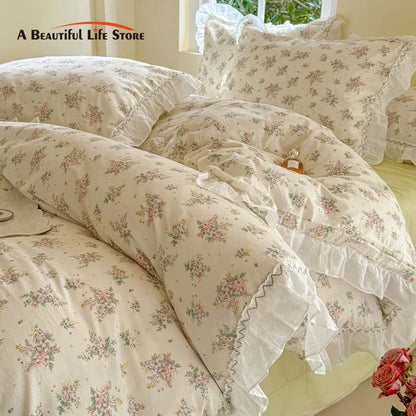 Decobites Floral Lace Ruffle Cotton Bedding Set with Quilt Cover, Duvet Cover, and Pillowcases