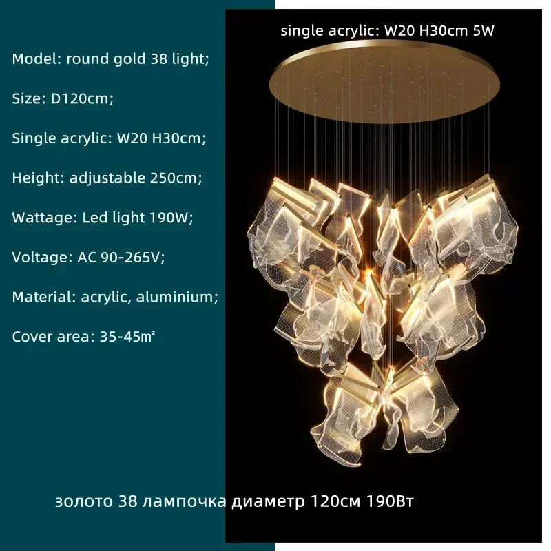 DecorBites™ Acrylic Leaf Chandelier LED Light Dimmable Luxury Pendant for Home Decor